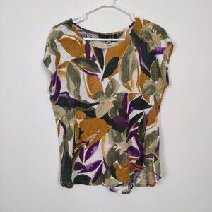 Tahari Women's Bohemian Tropical Knit Blouse Size Large 100% Linen Beach Summer